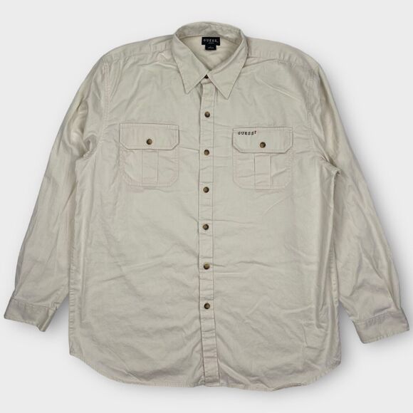 VINTAGE 90s Guess Shirt Mens Large Cream Twill Button Up Logo Casual Classic Fit - Picture 2 of 15